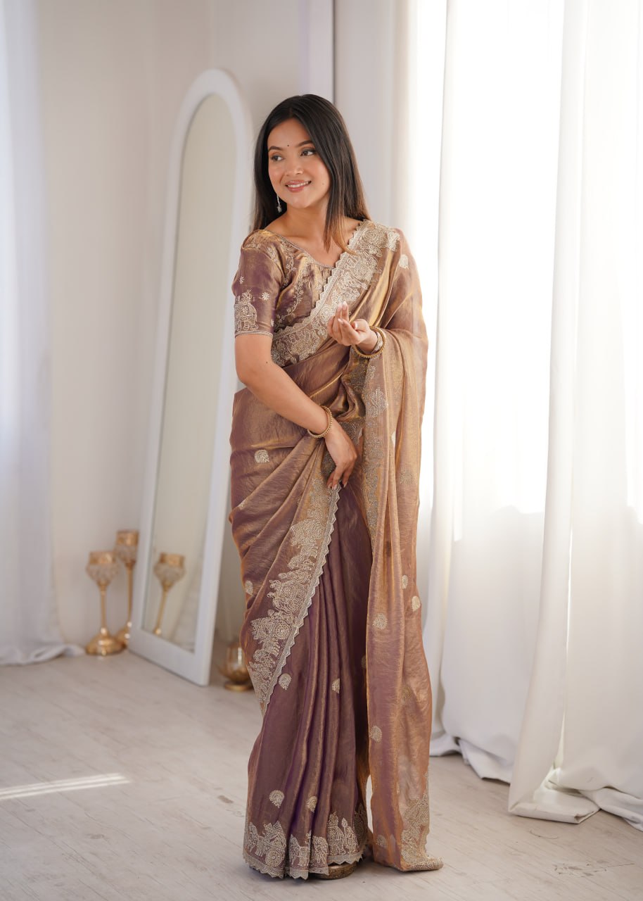 Designer Party Wear Saree with Zari Embroidery and Hotfix Work