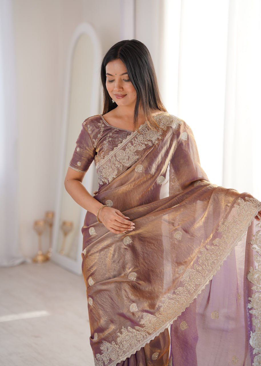 Designer Party Wear Saree with Zari Embroidery and Hotfix Work
