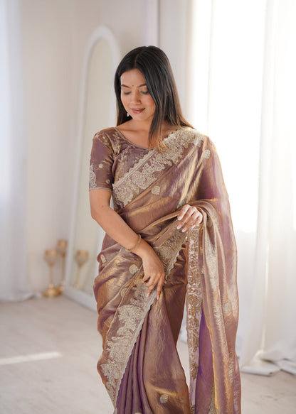 Designer Party Wear Saree with Zari Embroidery and Hotfix Work