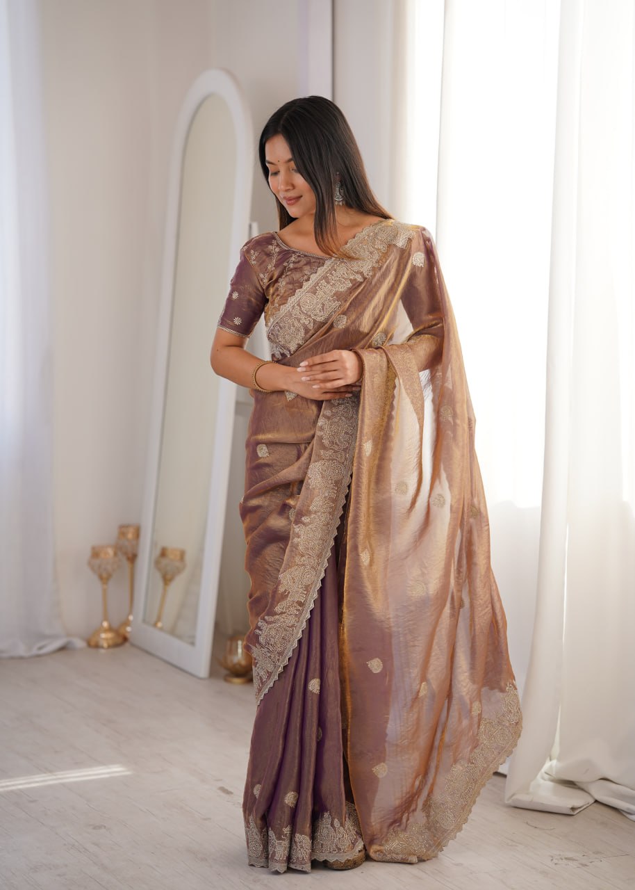 Designer Party Wear Saree with Zari Embroidery and Hotfix Work