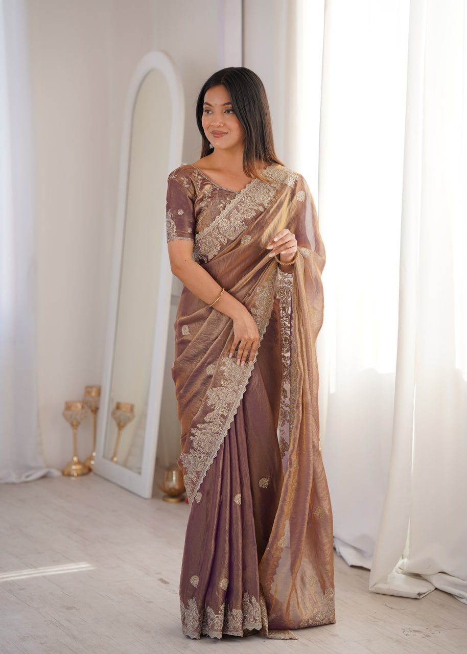 Designer Party Wear Saree with Zari Embroidery and Hotfix Work