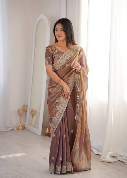 Designer Party Wear Saree with Zari Embroidery and Hotfix Work