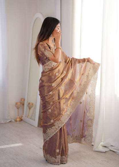 Designer Party Wear Saree with Zari Embroidery and Hotfix Work