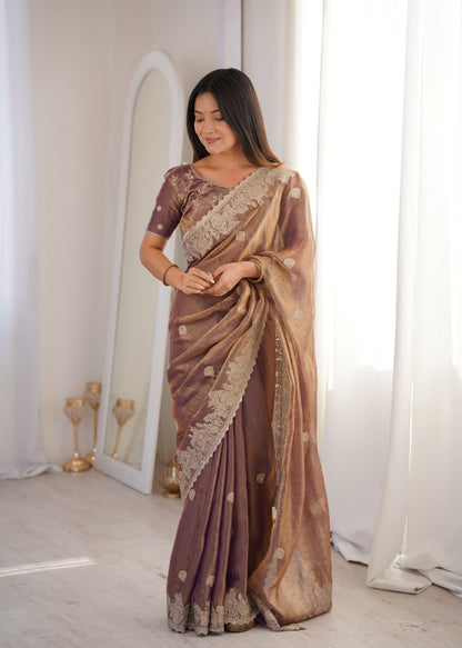 Designer Party Wear Saree with Zari Embroidery and Hotfix Work
