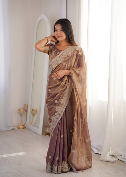 Designer Party Wear Saree with Zari Embroidery and Hotfix Work