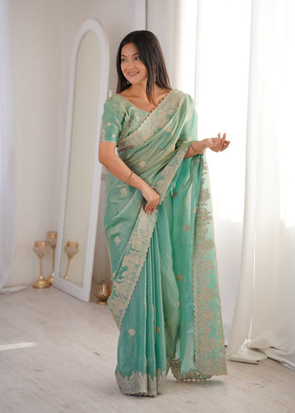 Designer Party Wear Saree with Zari Embroidery and Hotfix Work