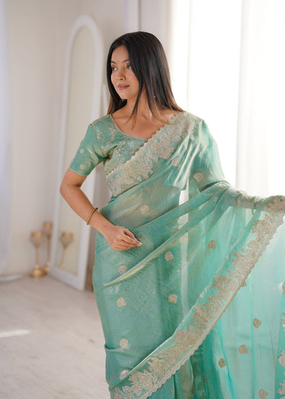 Designer Party Wear Saree with Zari Embroidery and Hotfix Work