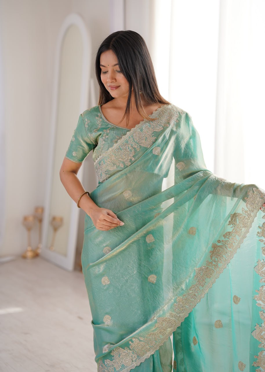 Designer Party Wear Saree with Zari Embroidery and Hotfix Work