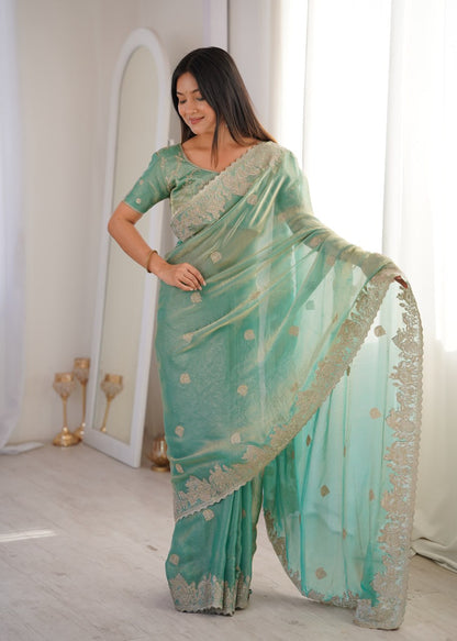 Designer Party Wear Saree with Zari Embroidery and Hotfix Work
