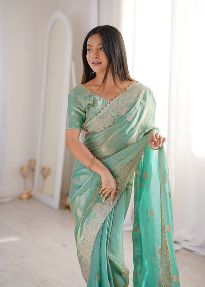 Designer Party Wear Saree with Zari Embroidery and Hotfix Work