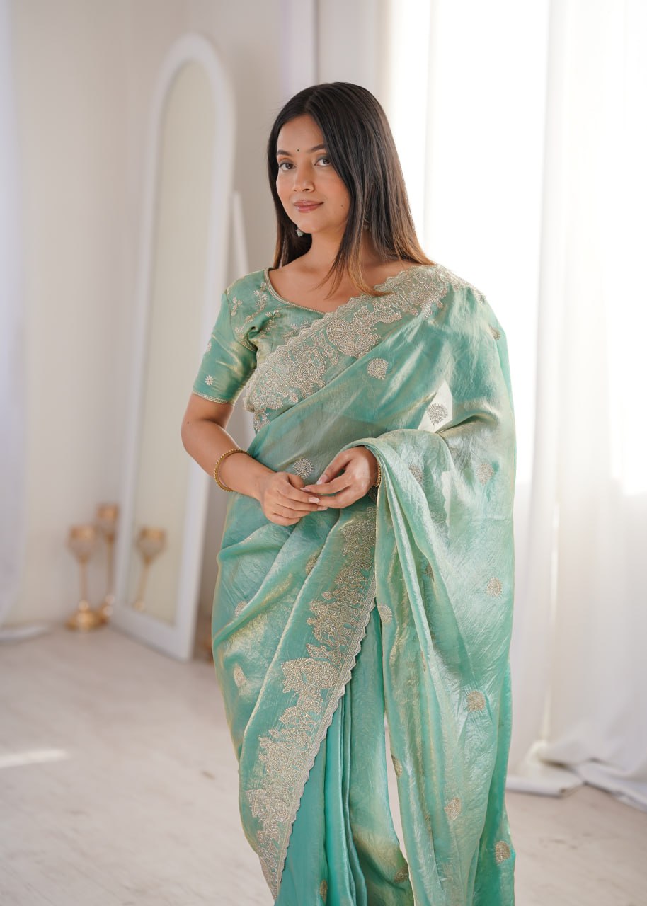 Designer Party Wear Saree with Zari Embroidery and Hotfix Work