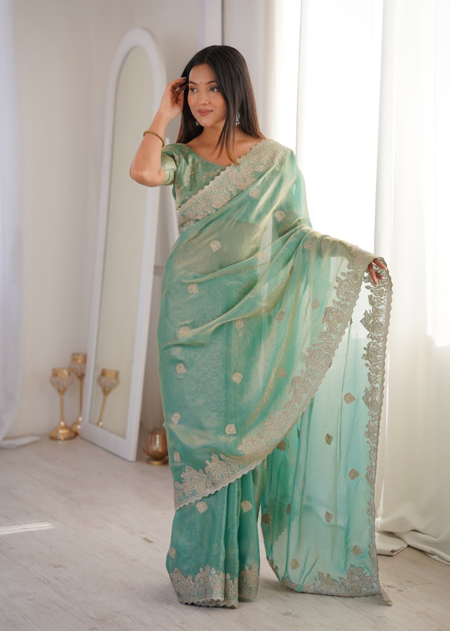 Designer Party Wear Saree with Zari Embroidery and Hotfix Work
