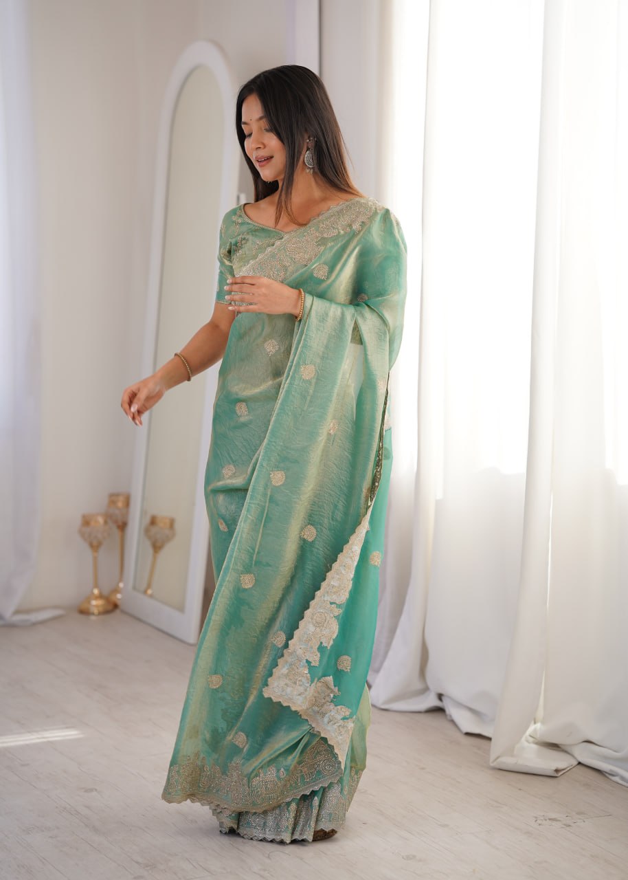 Designer Party Wear Saree with Zari Embroidery and Hotfix Work
