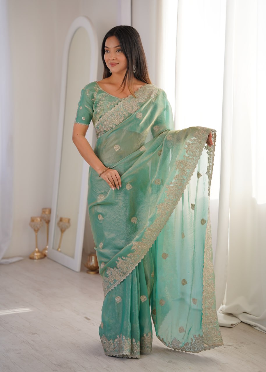 Designer Party Wear Saree with Zari Embroidery and Hotfix Work