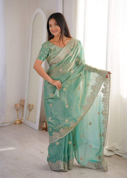 Designer Party Wear Saree with Zari Embroidery and Hotfix Work
