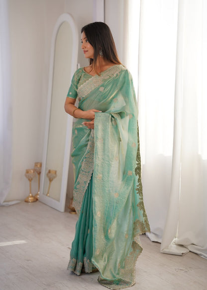 Designer Party Wear Saree with Zari Embroidery and Hotfix Work