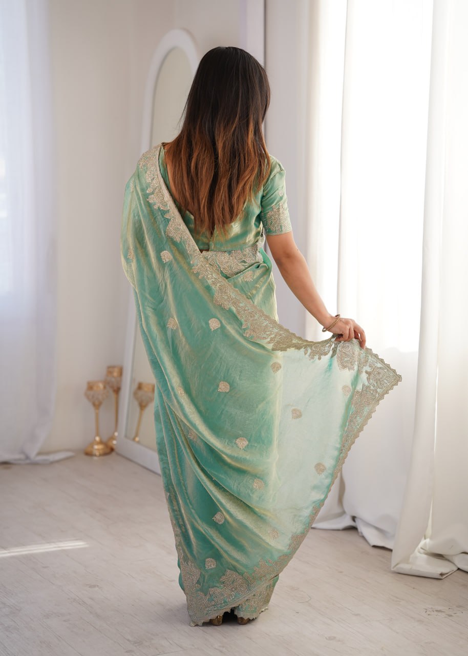 Designer Party Wear Saree with Zari Embroidery and Hotfix Work