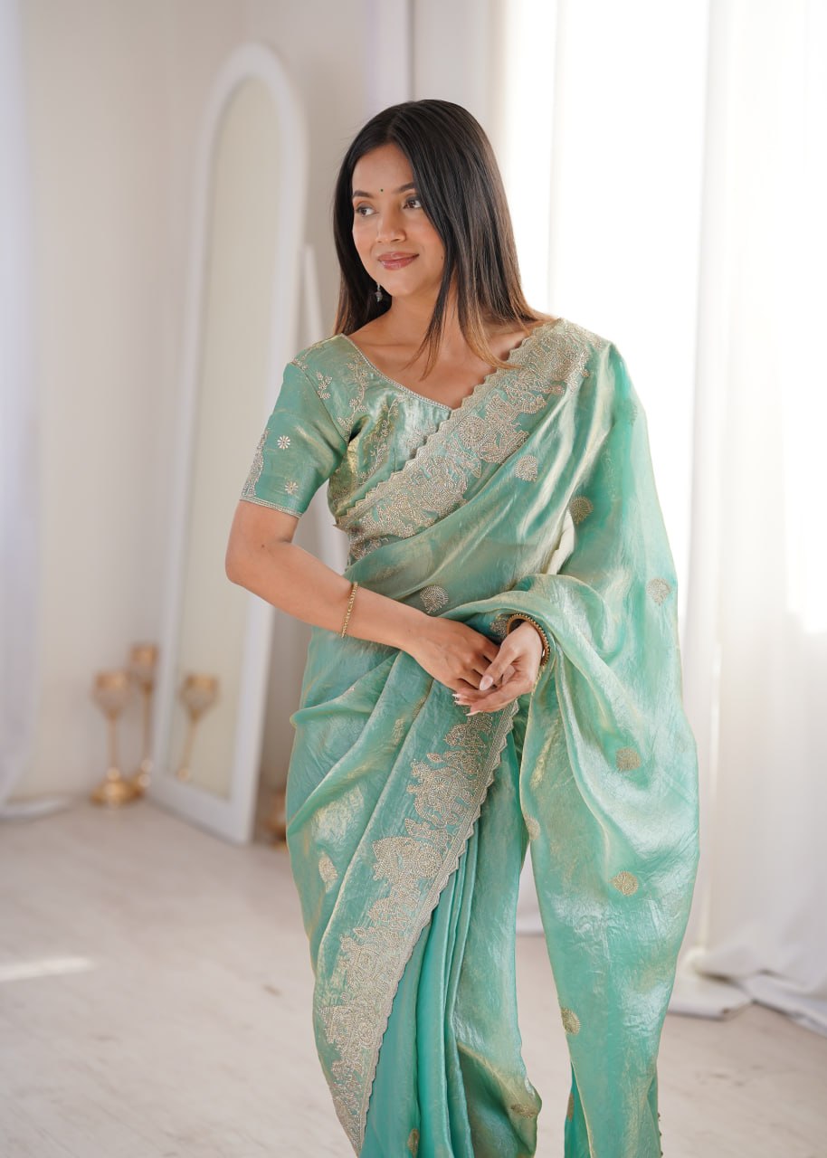 Designer Party Wear Saree with Zari Embroidery and Hotfix Work