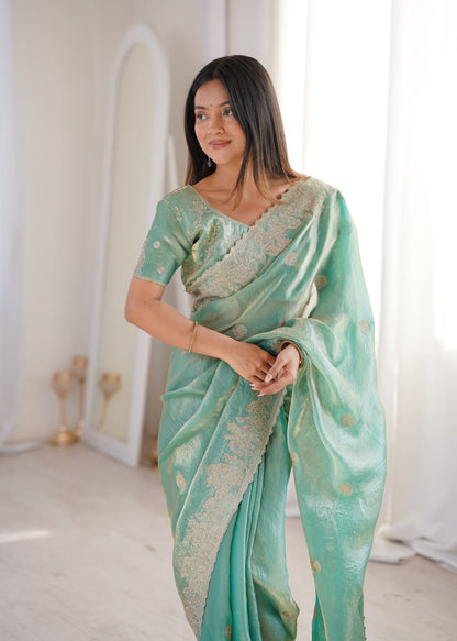 Designer Party Wear Saree with Zari Embroidery and Hotfix Work