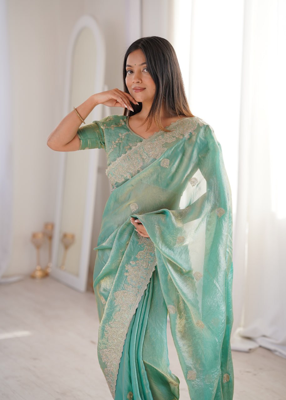 Designer Party Wear Saree with Zari Embroidery and Hotfix Work
