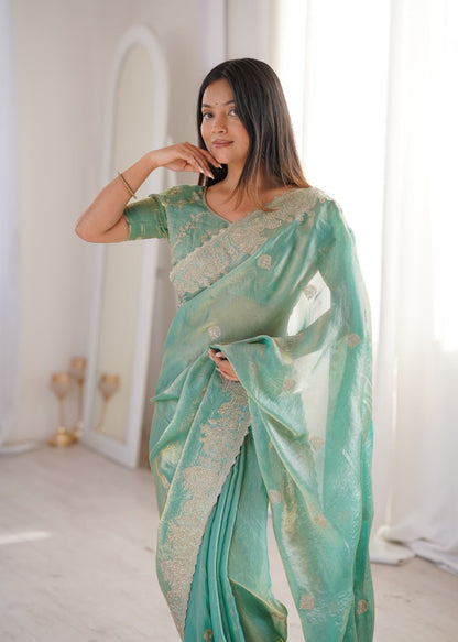 Designer Party Wear Saree with Zari Embroidery and Hotfix Work