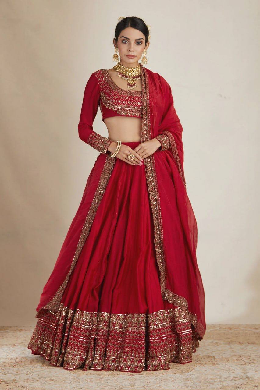 Red Vichitra Silk Salwar Kameez Suit Party Wear Lehenga Choli