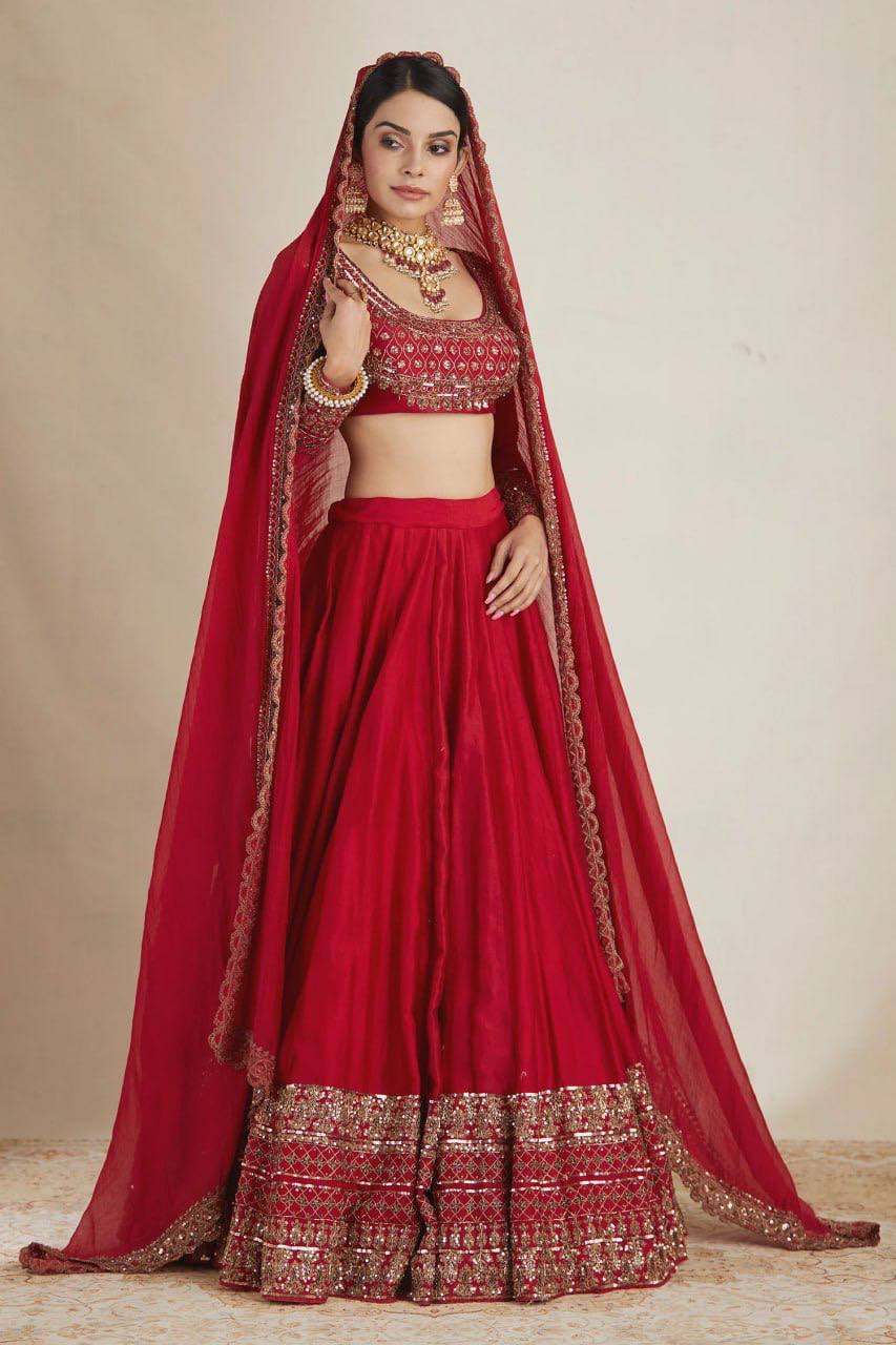 Red Vichitra Silk Salwar Kameez Suit Party Wear Lehenga Choli