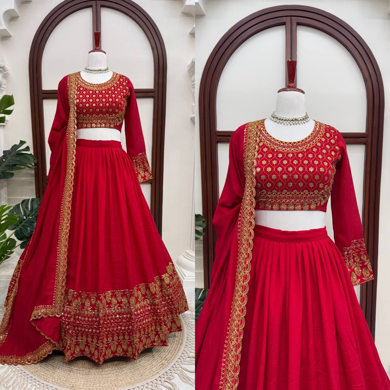 Red Vichitra Silk Salwar Kameez Suit Party Wear Lehenga Choli