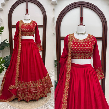 Red Vichitra Silk Salwar Kameez Suit Party Wear Lehenga Choli