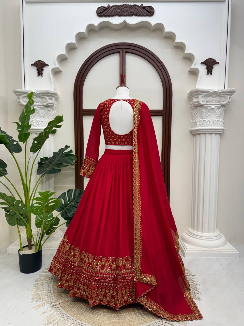 Red Vichitra Silk Salwar Kameez Suit Party Wear Lehenga Choli