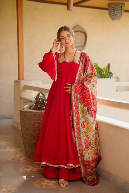 Red Tabby Silk Anarkali Suit for Women with Digital Print Dupatta