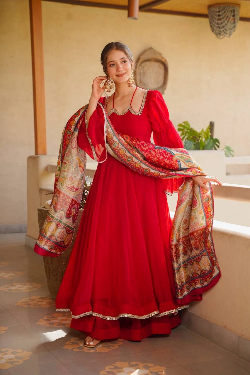 Red Tabby Silk Anarkali Suit for Women with Digital Print Dupatta