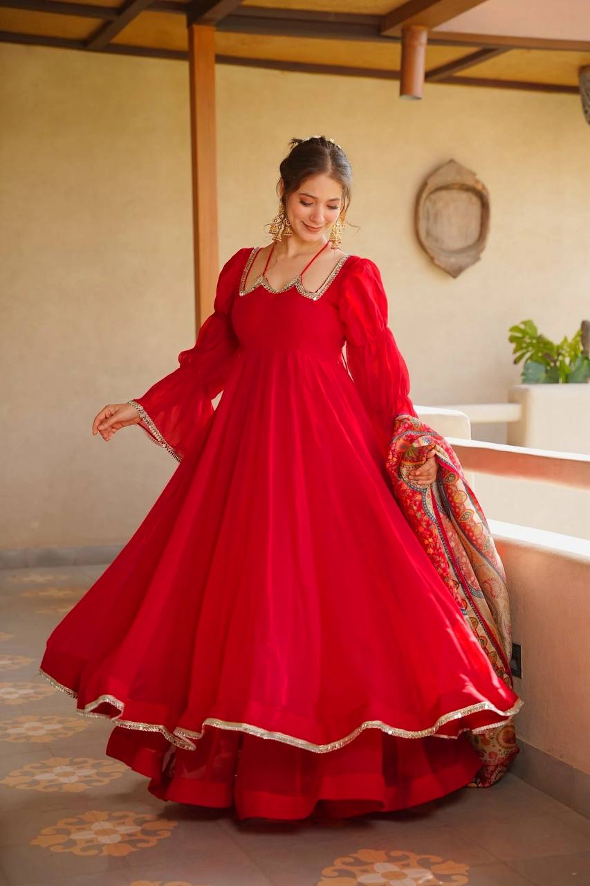Red Tabby Silk Anarkali Suit for Women with Digital Print Dupatta
