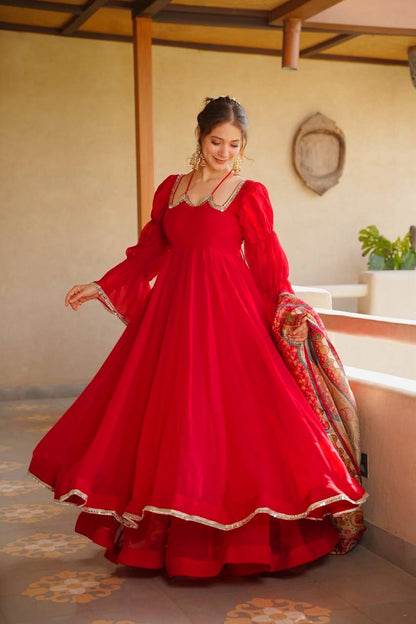 Red Tabby Silk Anarkali Suit for Women with Digital Print Dupatta