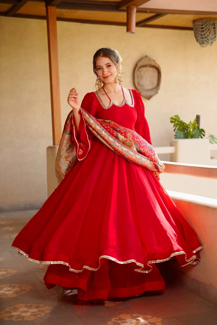 Red Tabby Silk Anarkali Suit for Women with Digital Print Dupatta