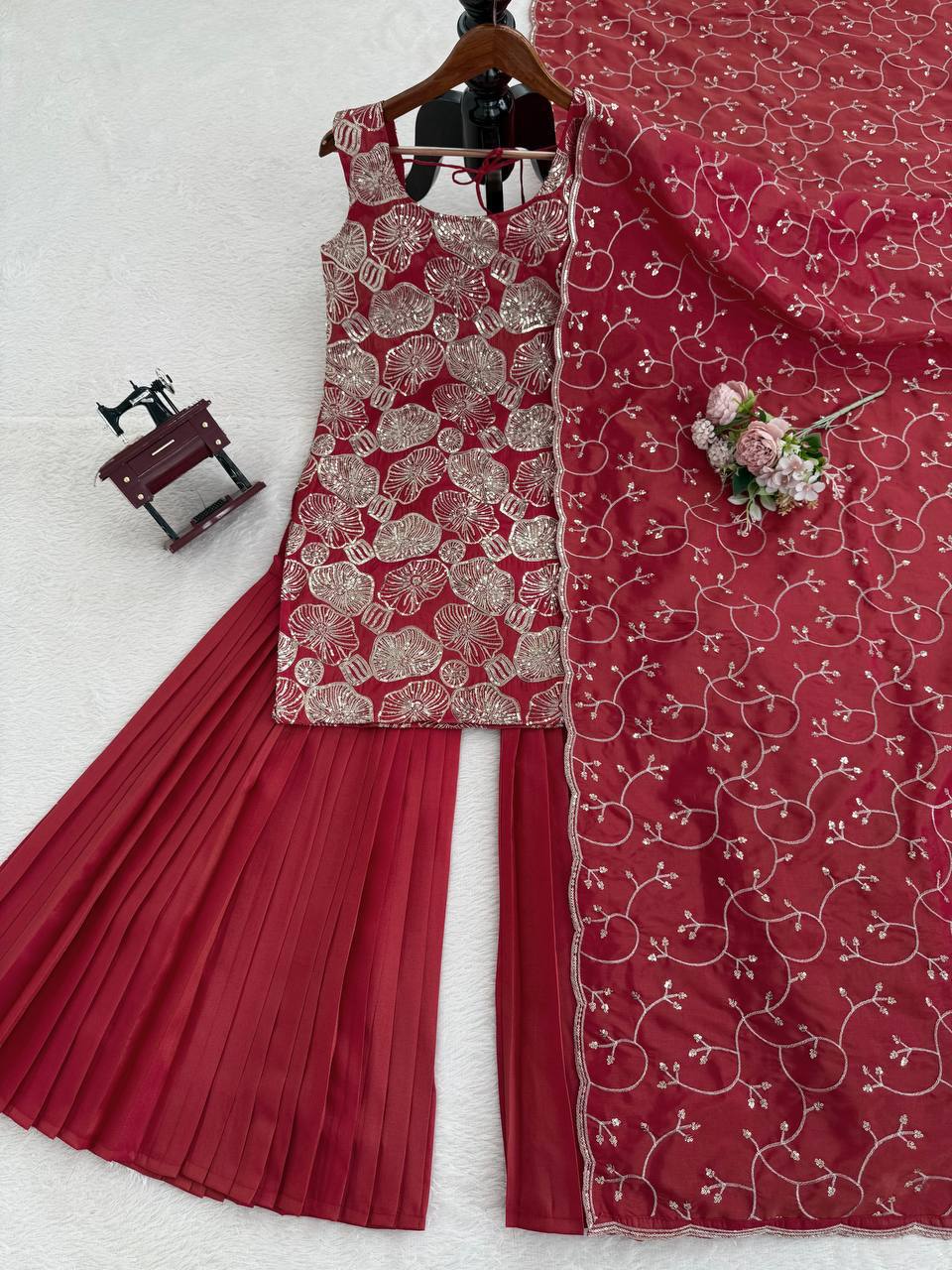 Rust Simmer Silk Sharara Suit - Party Wear Salwar Kameez