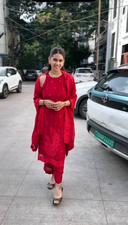 Red Pakistani Suit Dress in Foux Georgette with Thread Work