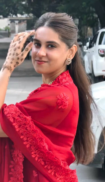Red Pakistani Suit Dress in Foux Georgette with Thread Work