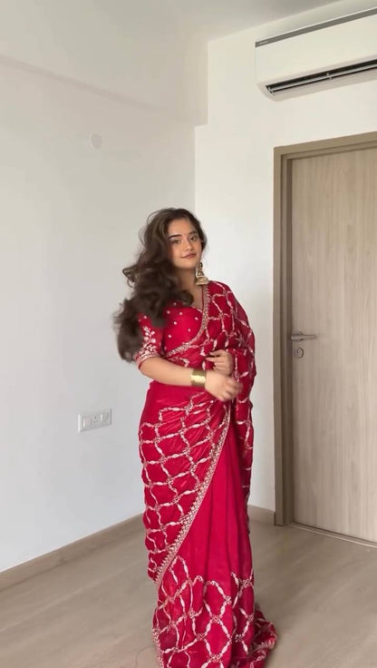 Red Fendy Silk Designer Saree for Women - Party Wear Silk Saree