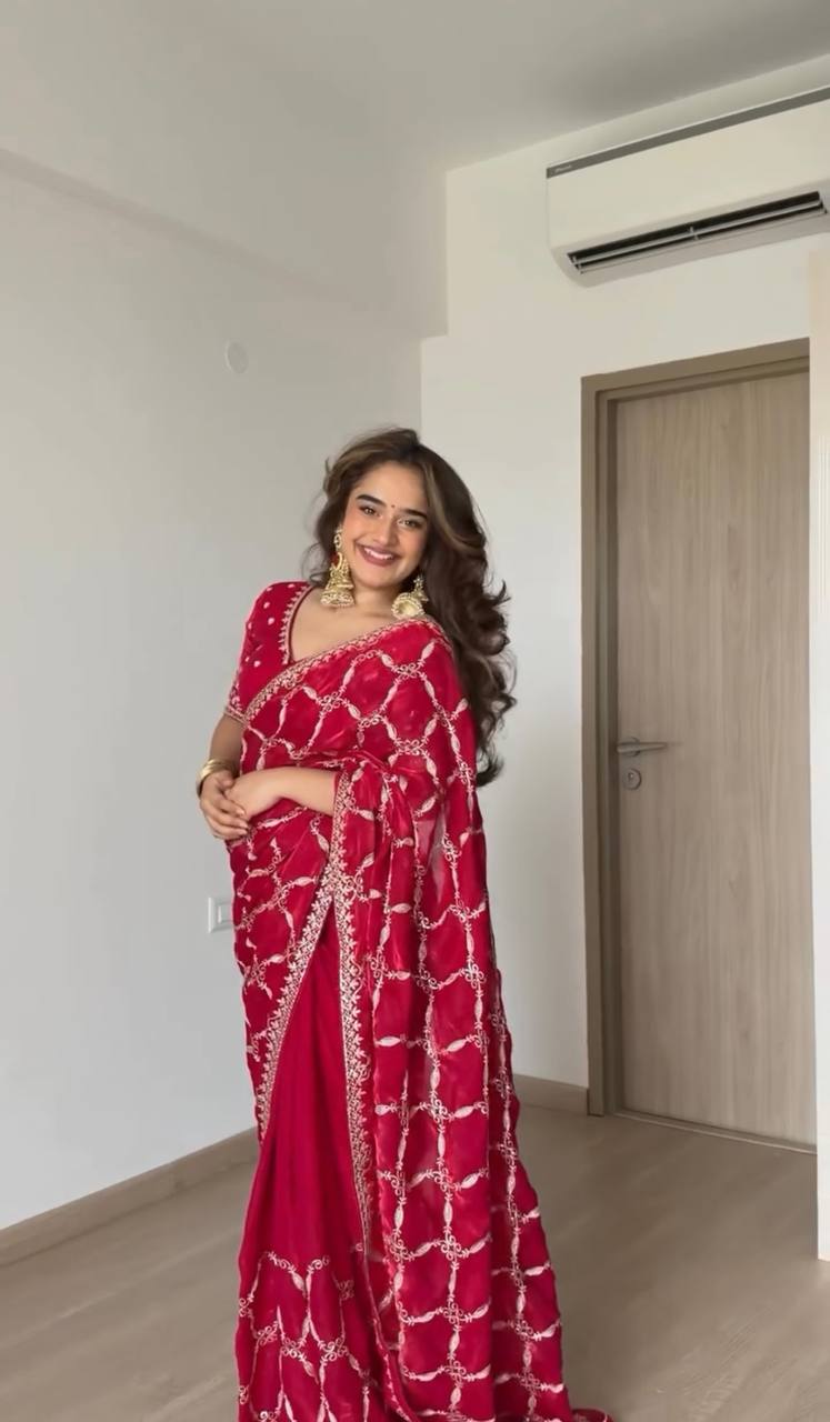 Red Fendy Silk Designer Saree for Women - Party Wear Silk Saree
