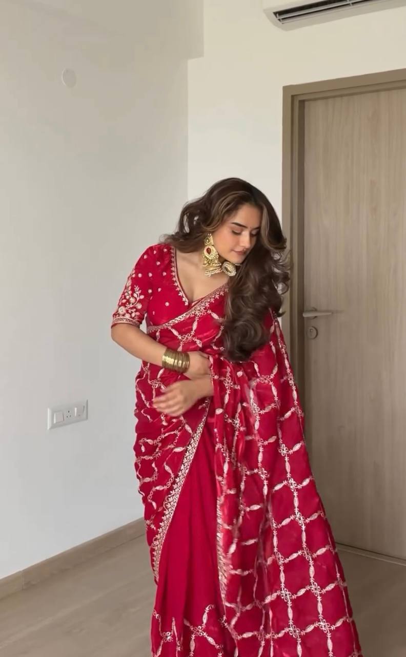 Red Fendy Silk Designer Saree for Women - Party Wear Silk Saree