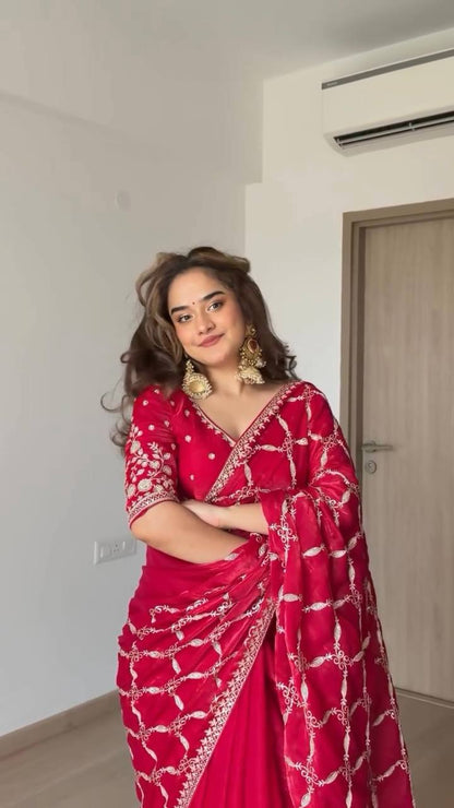 Red Fendy Silk Designer Saree for Women - Party Wear Silk Saree