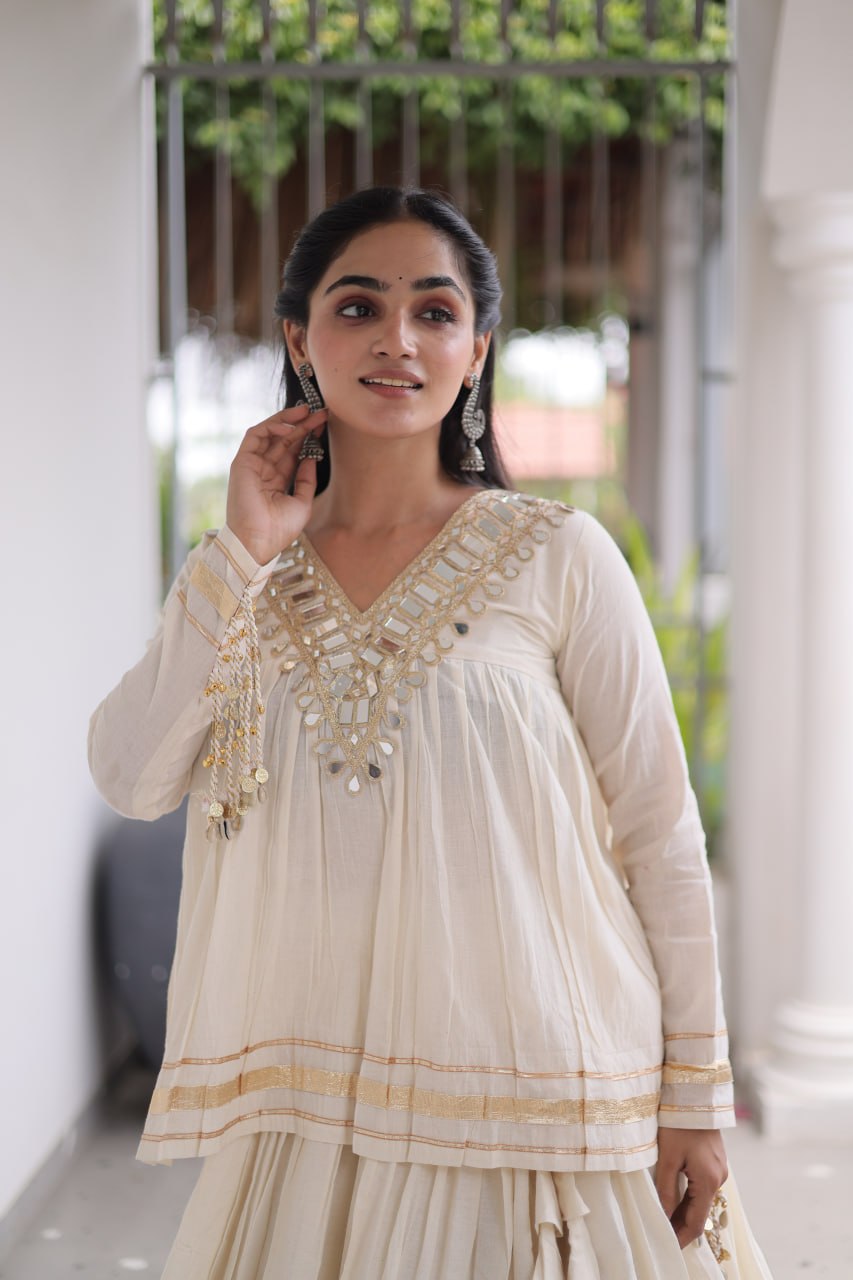 Navratri Special Kora Cotton Mirror Work Chaniya Choli Set