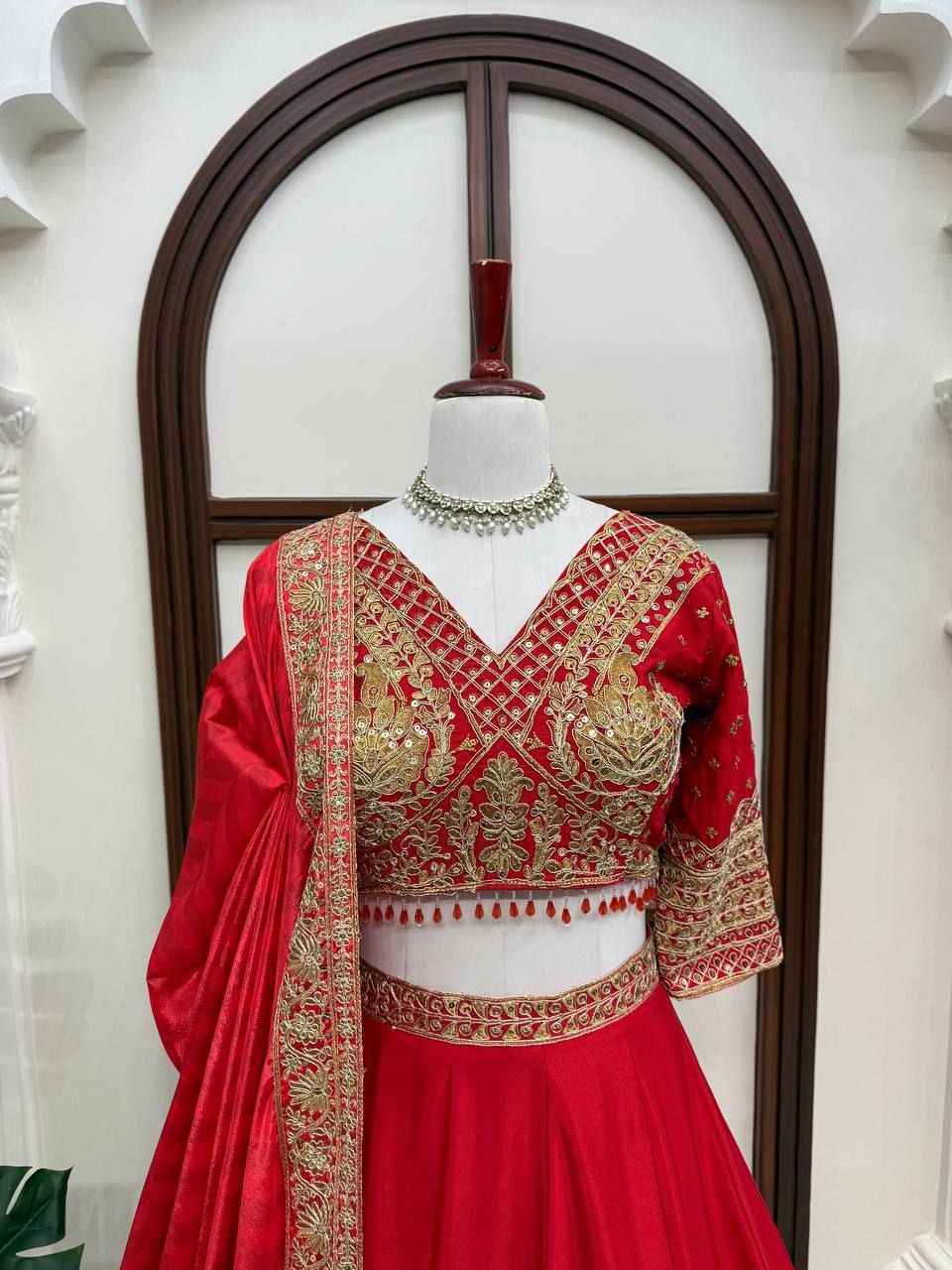 Red Chinon Silk Wedding Wear Lehenga Choli for Women