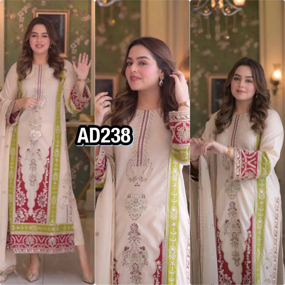 Cream Roman Silk Pakistani Suit with Sequence Embroidery