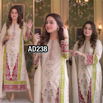 Cream Roman Silk Pakistani Suit with Sequence Embroidery