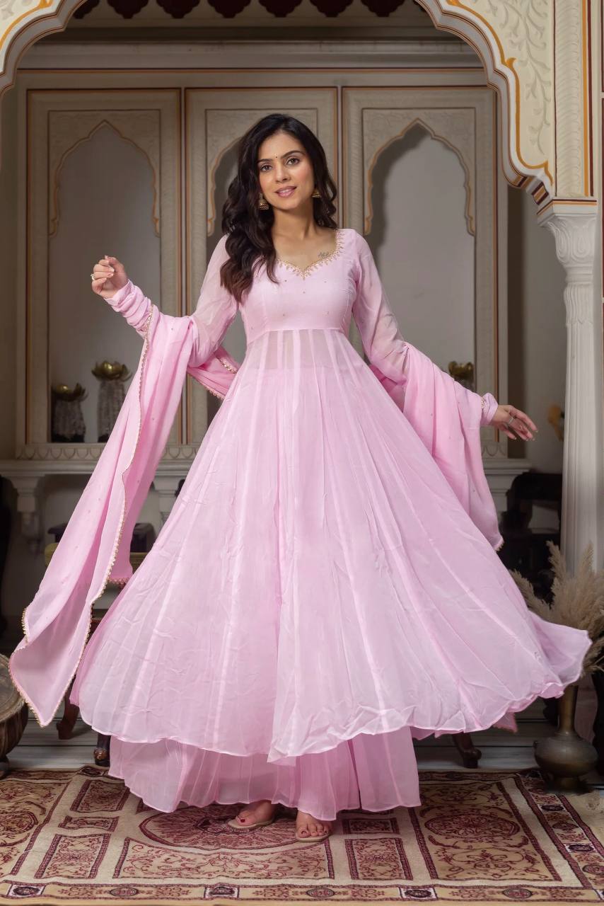 Baby Pink Designer Anarkali Suit for Women - Faux Georgette Wear