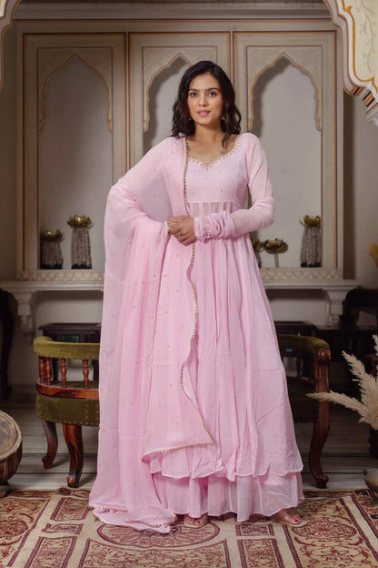 Baby Pink Designer Anarkali Suit for Women - Faux Georgette Wear