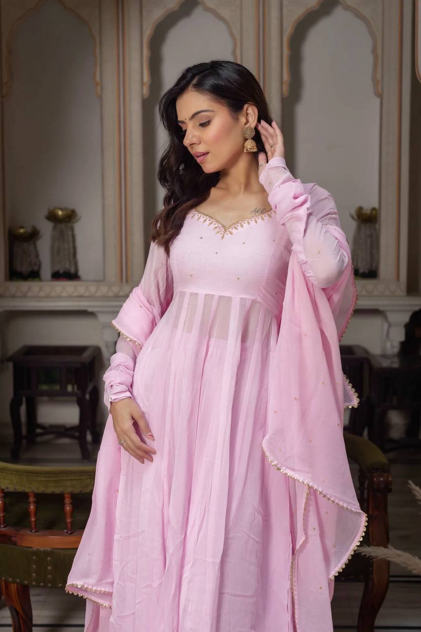 Baby Pink Designer Anarkali Suit for Women - Faux Georgette Wear