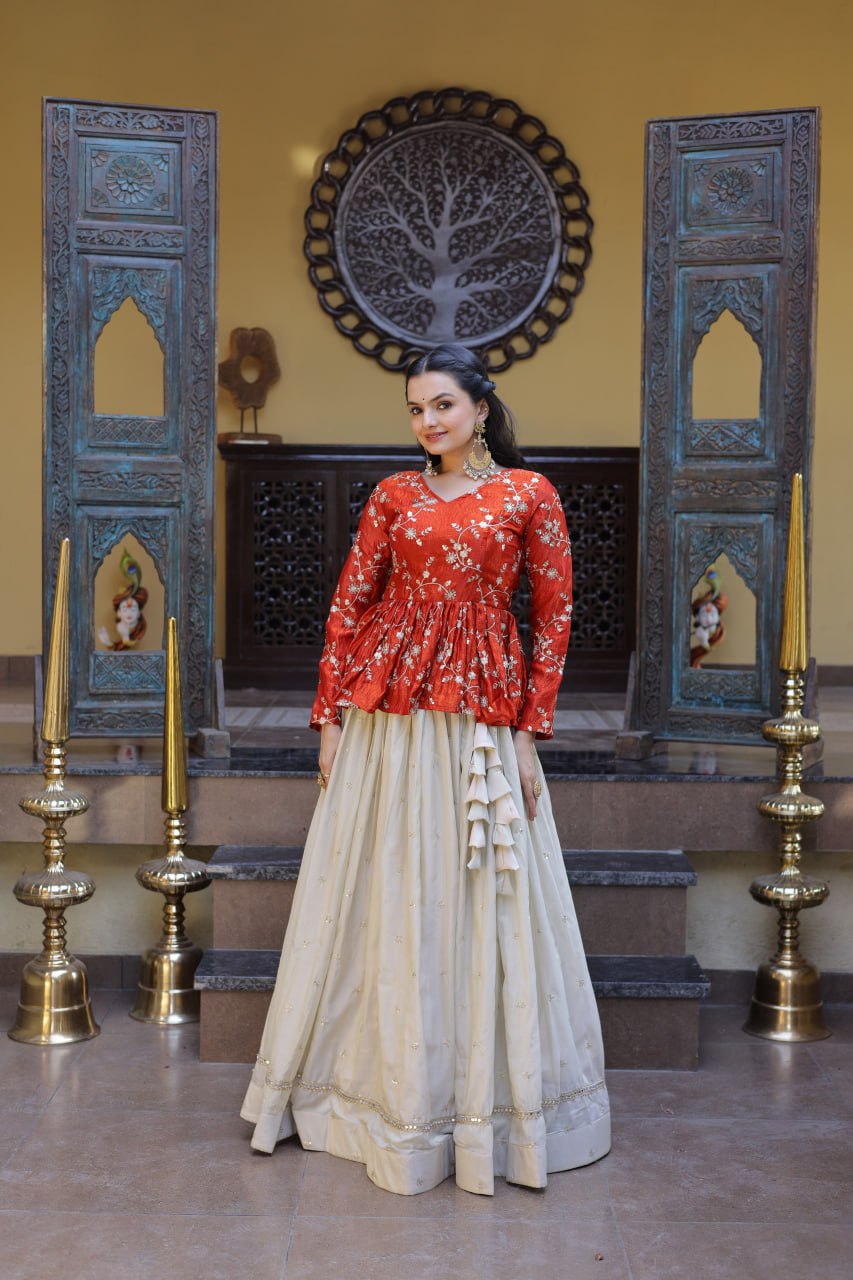 Sequins Embroidered Peplum Top with Flared Lehenga Set